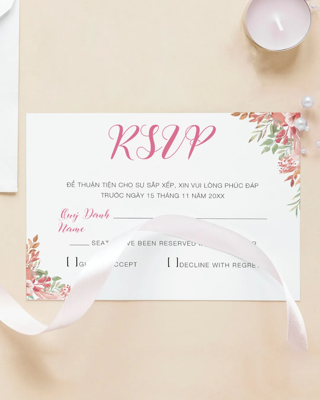 Blush Bloom Simple Flat 5x7 Wedding Invitation 3