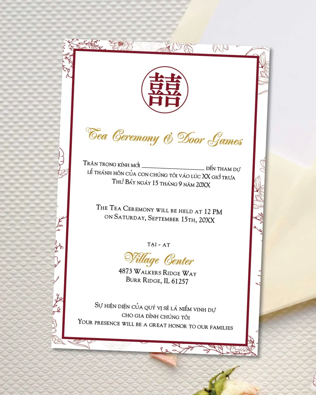 Double Happiness Simple Flat 5x7 Wedding Invitation 3
