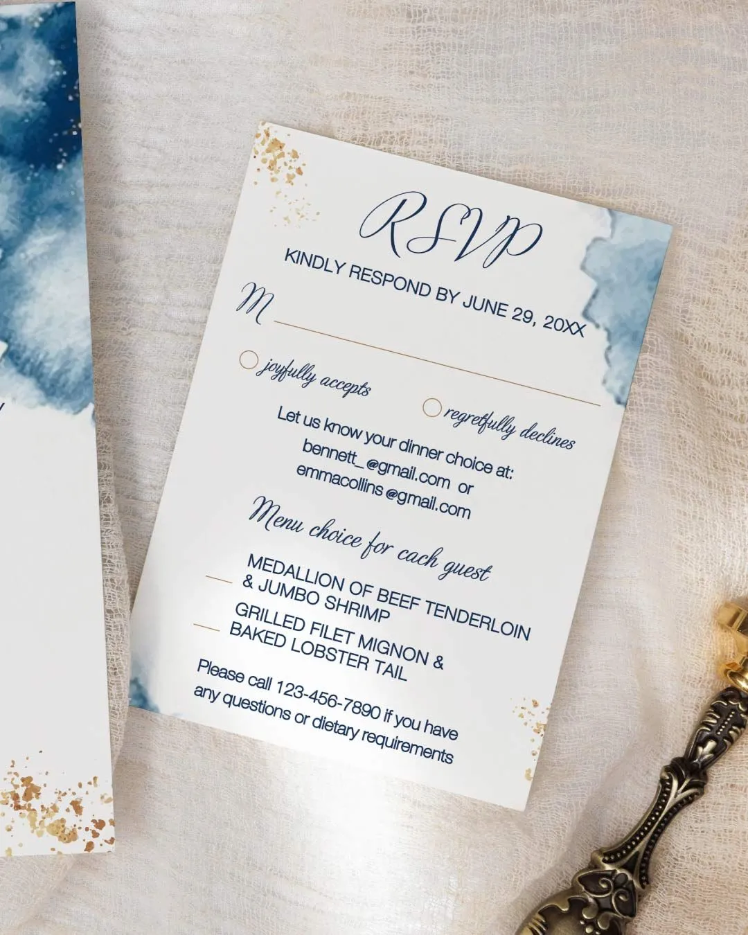Blue and Gold Dreams Simple Flat 5x7 Wedding Invitation 3