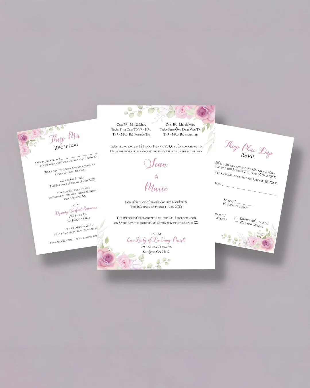 Classic Rose Accent A7 Cascade Pocket Wedding Invitation 1