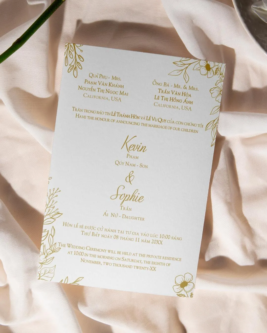 Golden Floral Elegance Simple Flat 5x7 Wedding Invitation 1
