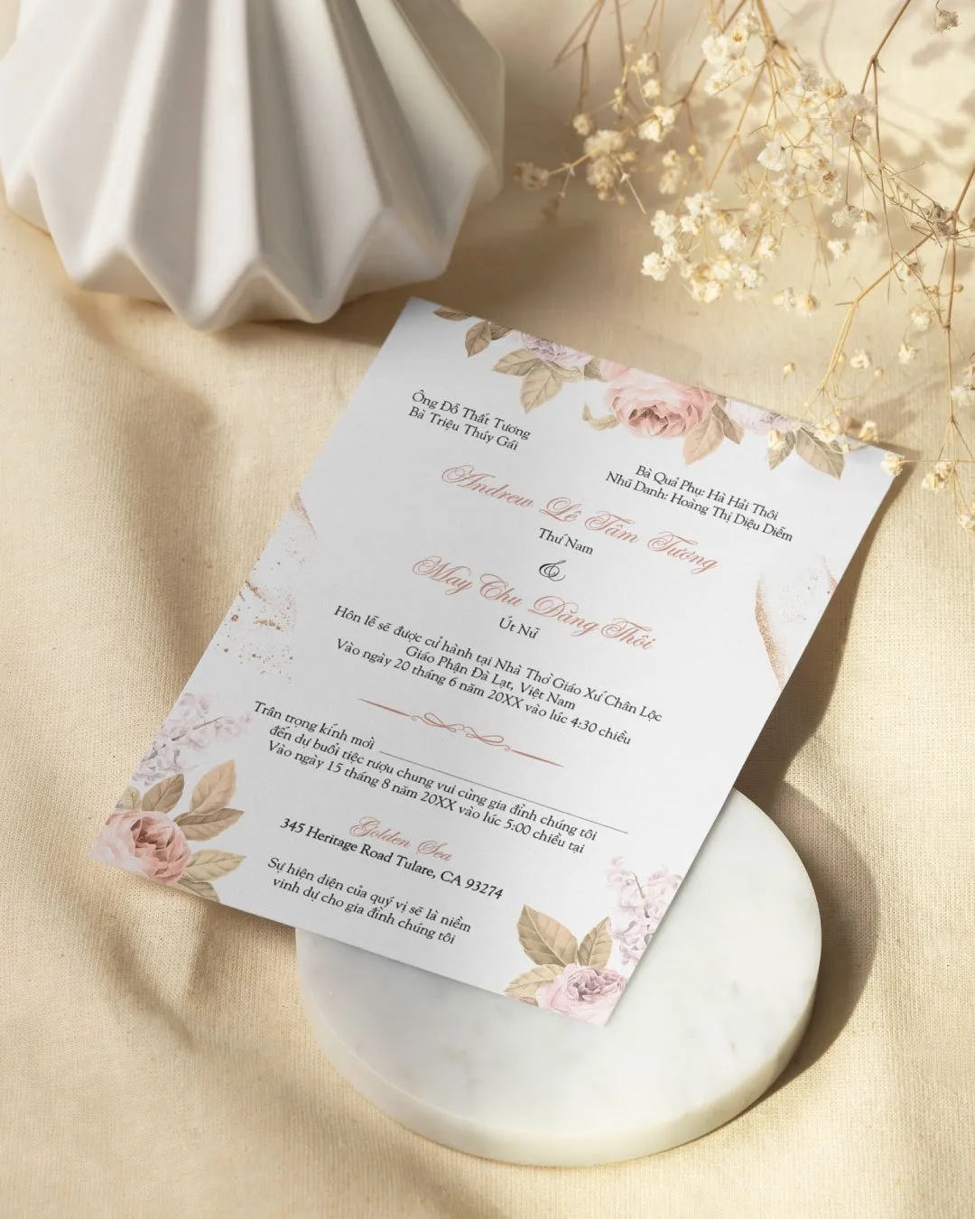 Beautiful Vintage Flowers Simple Flat 5x7 Wedding Invitation 1
