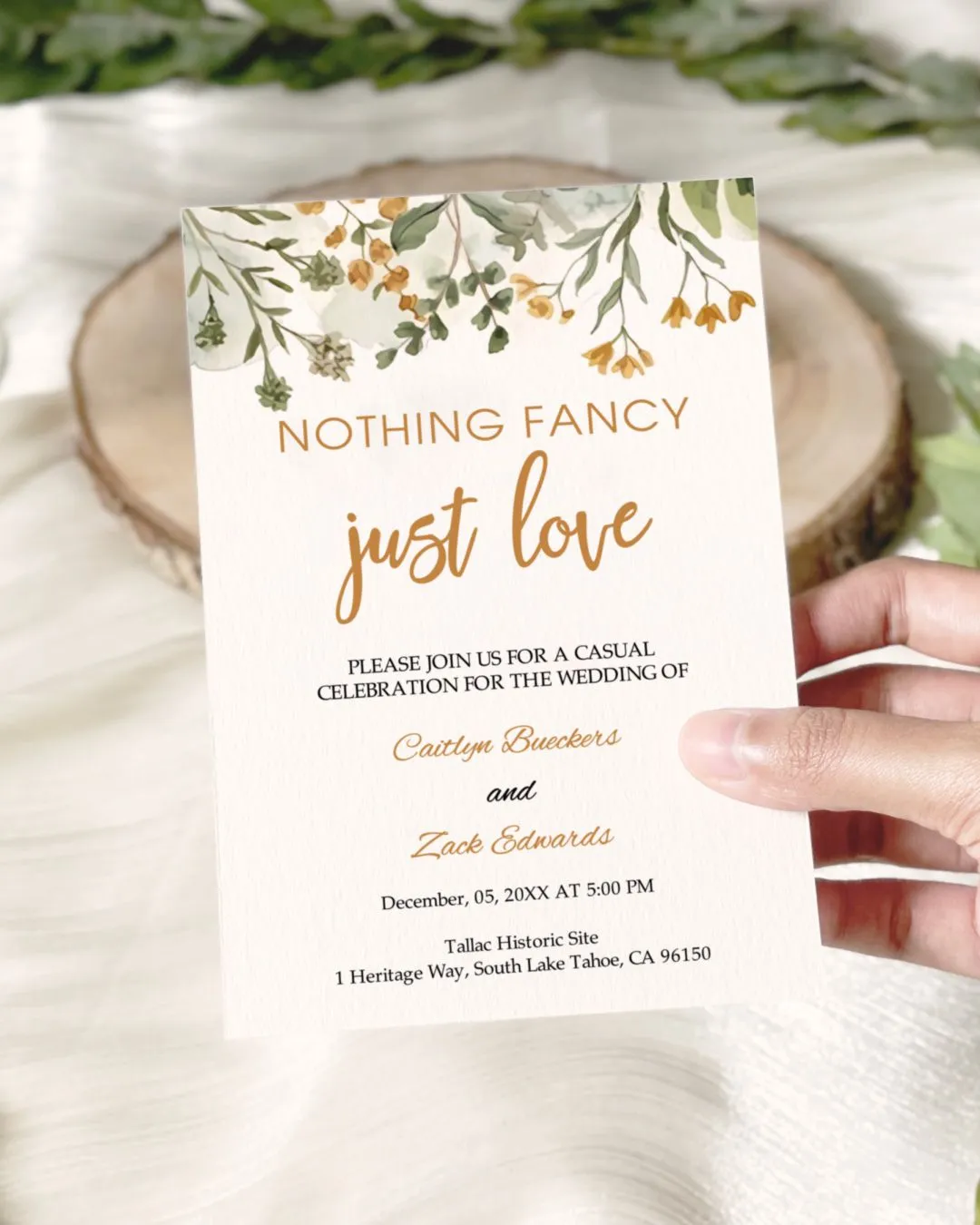 Golden Leaf Love Simple Flat 5x7 Wedding Invitation 1