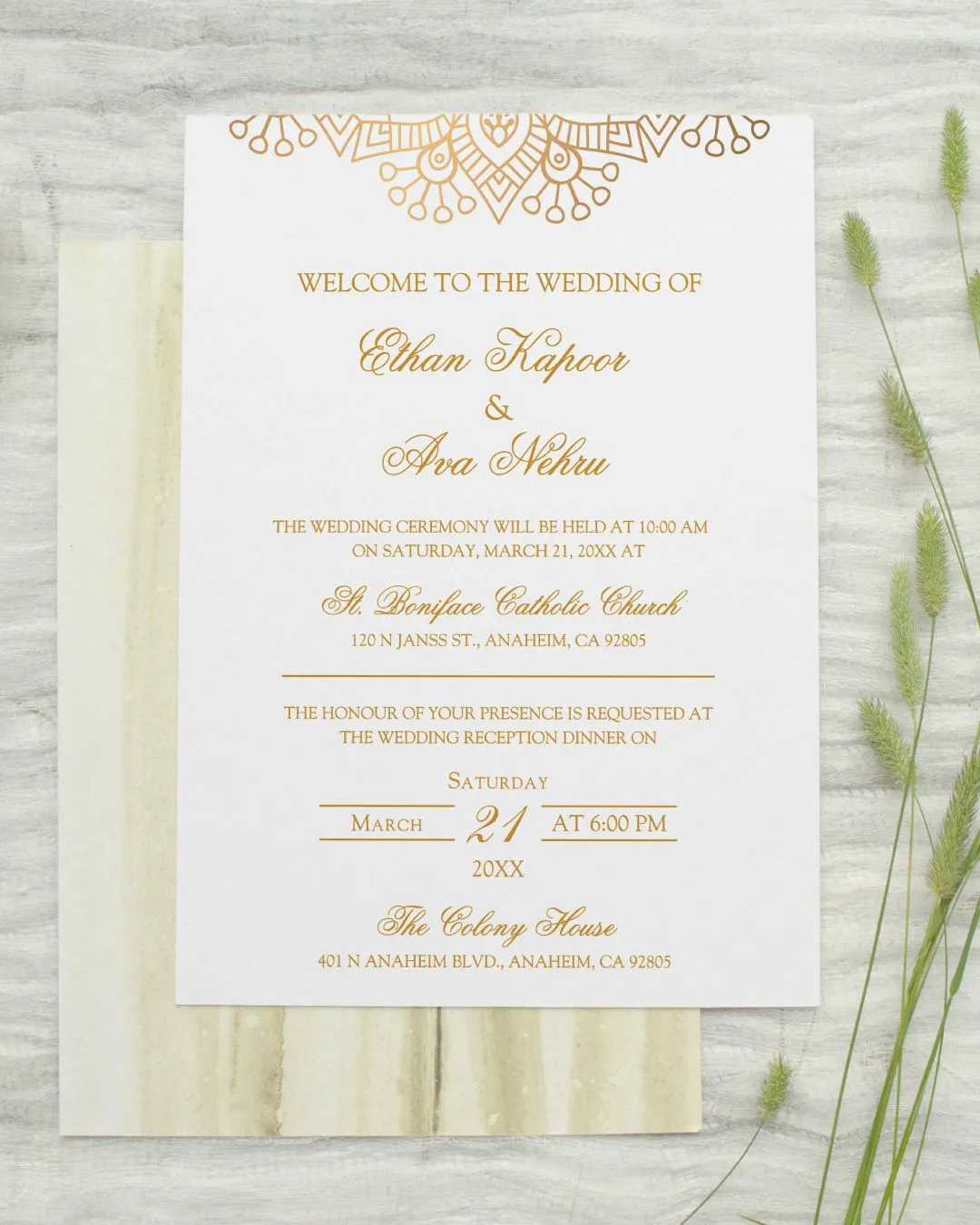 Love in Gold Simple Flat 5x7 Wedding Invitation 1