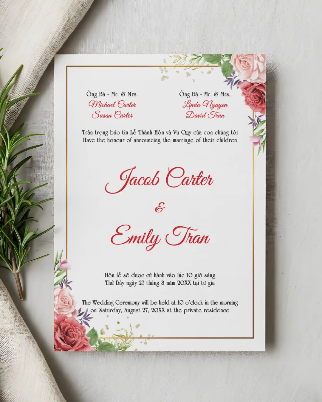 Gorgeous Frame and Flowers Simple Flat 5x7 Wedding Invitation 1