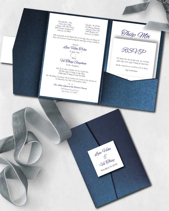 Vibrant Blue Letter A7 Himalaya Pocket Vietnamese & English Wedding Invitation