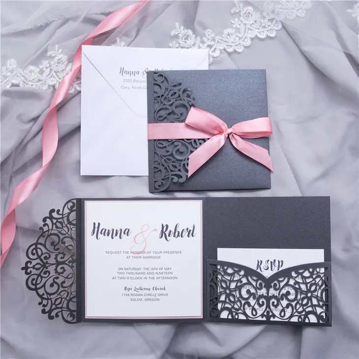 Lace Tri-Fold Embossing and Laser Cut Pocket Wedding Invitation