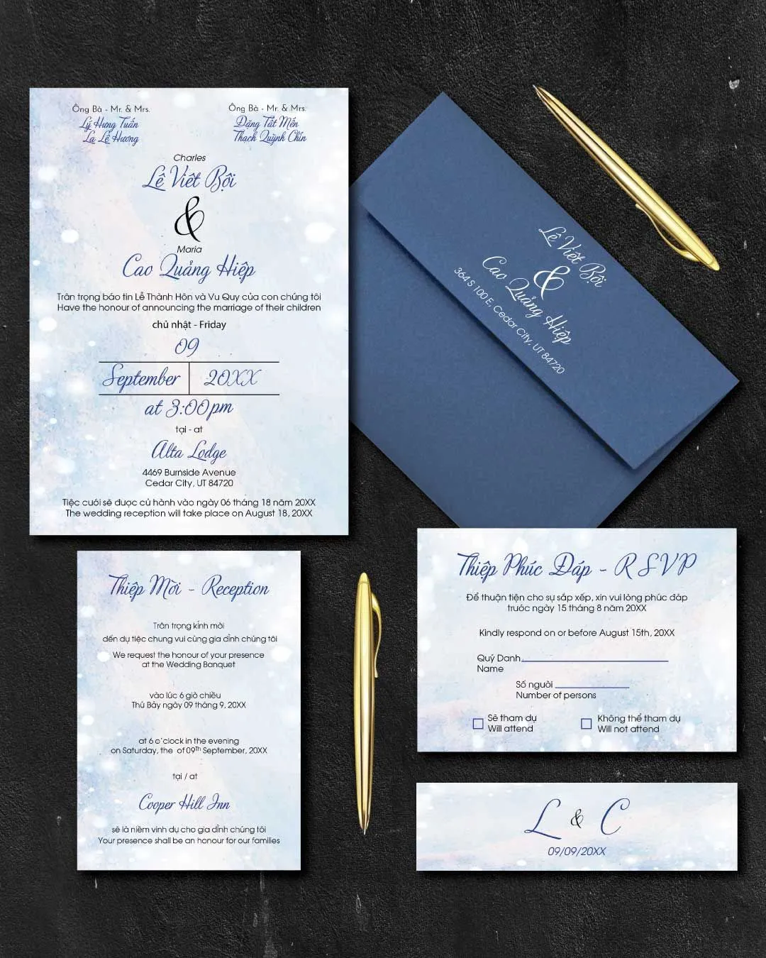 Blue Snow Simple Flat 5x7 Wedding Invitation