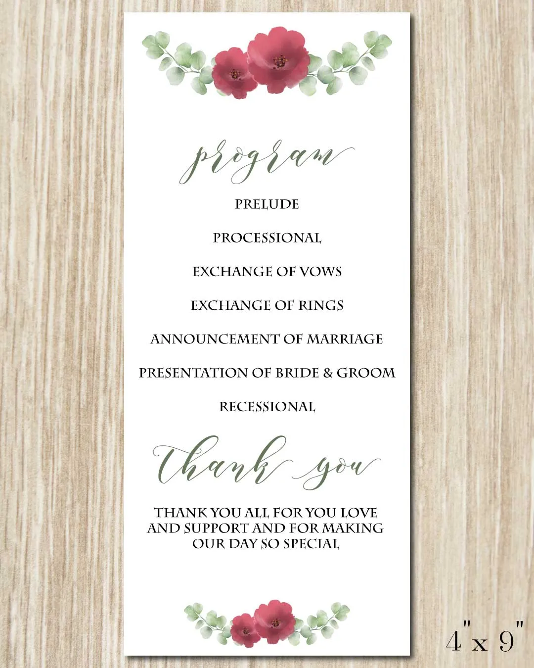 Simple Floral Style Wedding Program Cards