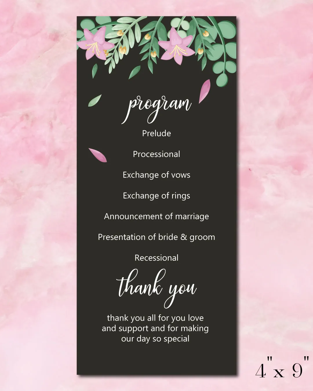 Black Design With Flowers Wedding Program Cards
