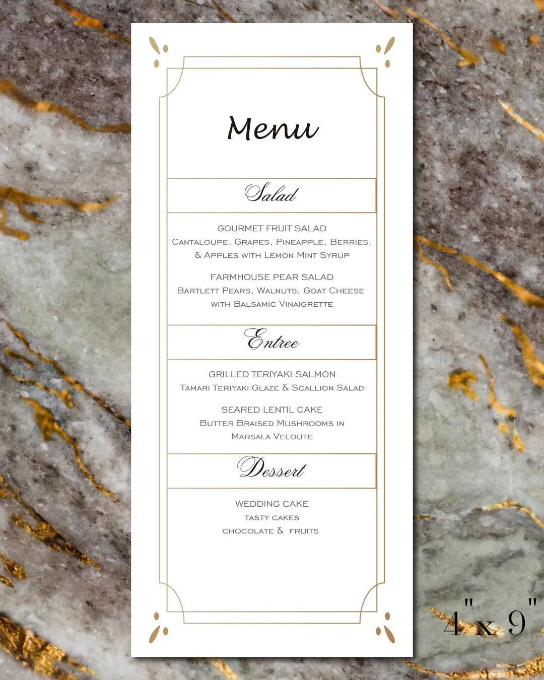 Gold Frames and Lines Wedding Menu Cards