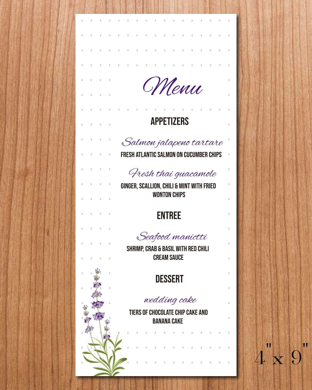 Lavender and Dots Wedding Menu Cards