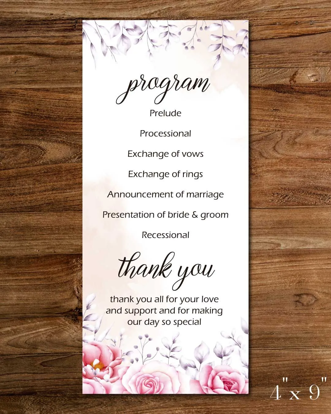 Watercolor And Pink Roses Wedding Program Cards