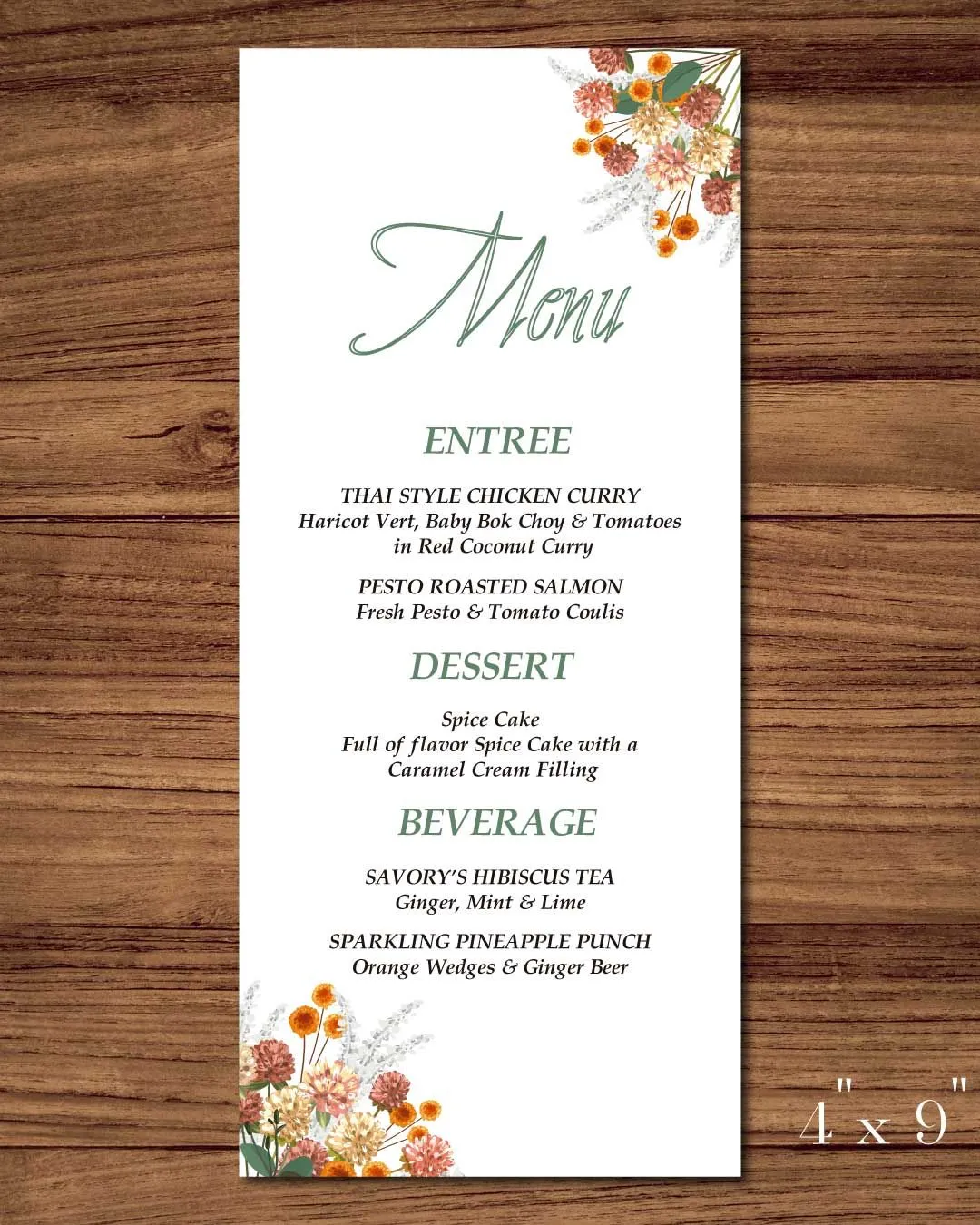 Flowers Reddish and Orange Wedding Menu Cards