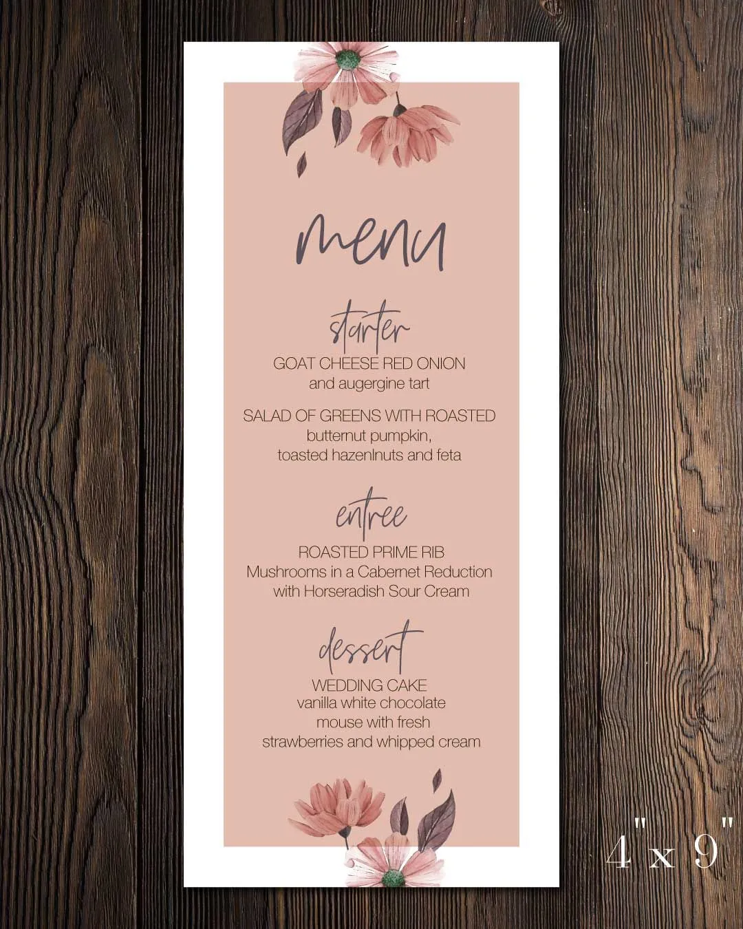 Cute Pink Flowers Wedding Menu Cards