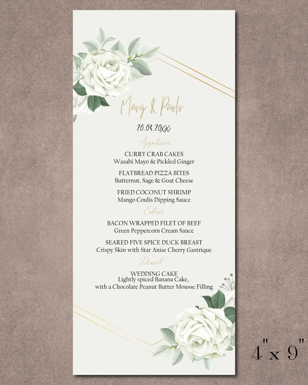 Hexagon And White Roses Wedding Menu Cards