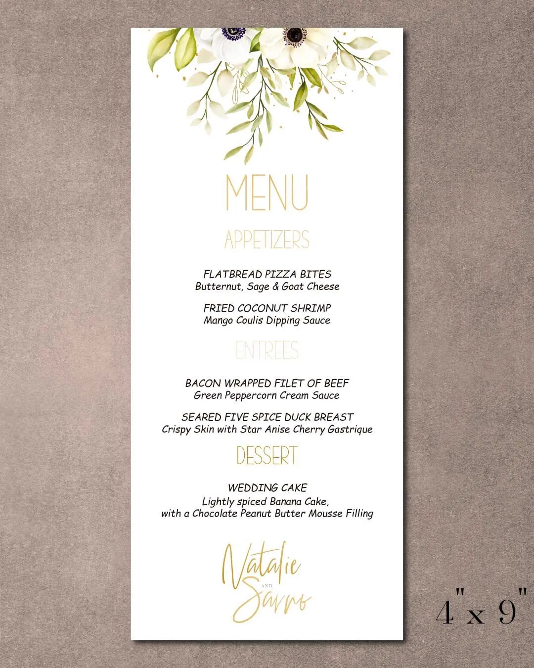 Flowers And Gold Lettering Wedding Menu Cards Template