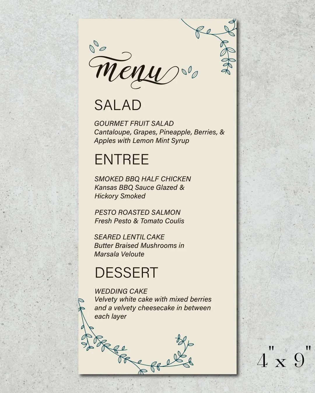 Simple Blue Leaves Wedding Menu Cards