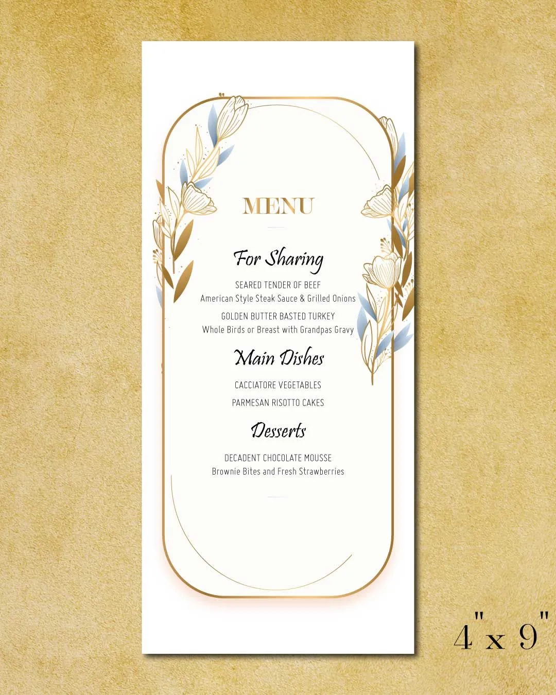 Gold And Blue Leaves Wedding Menu Cards