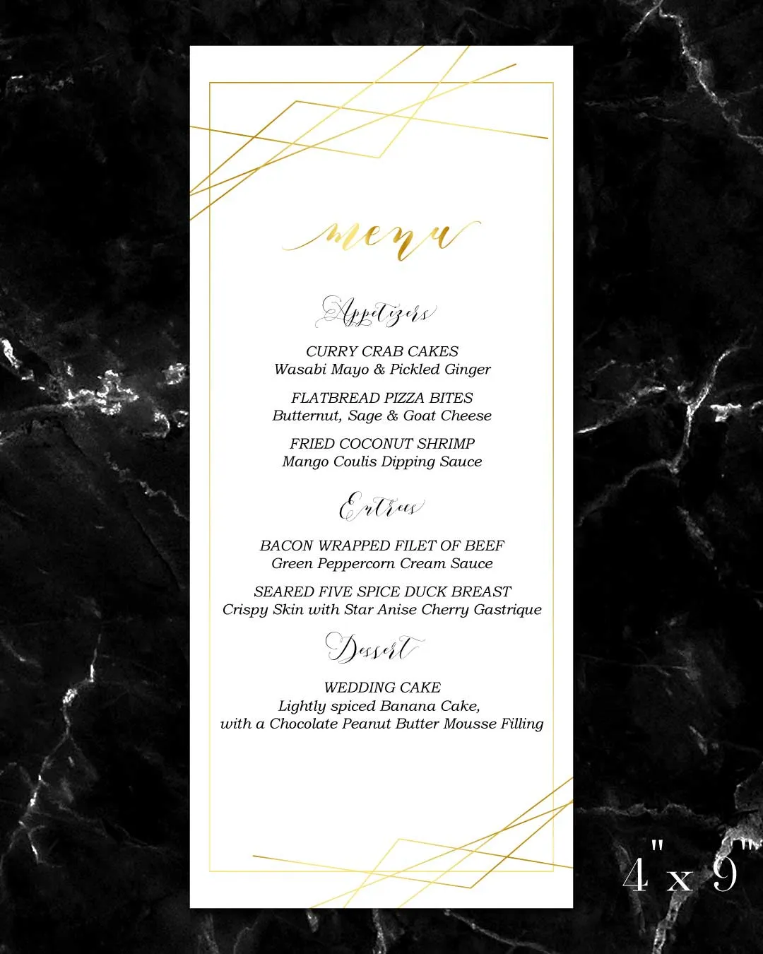 Sophisticated Golden Frame Wedding Menu Cards