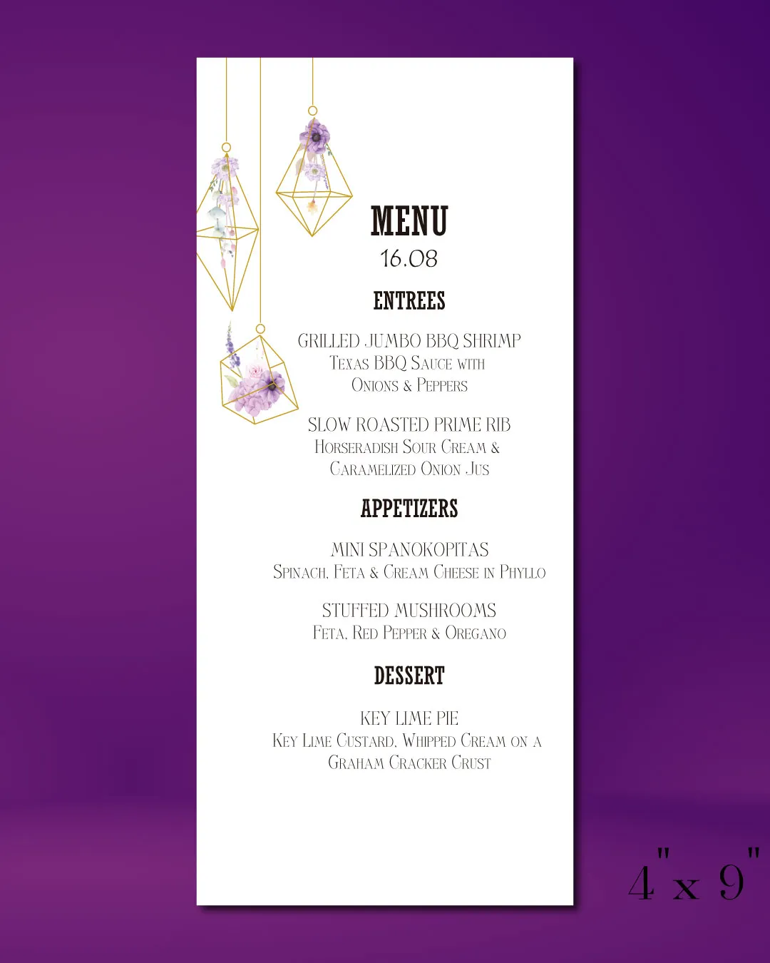 Geometric Lamps And Flowers Wedding Menu Cards