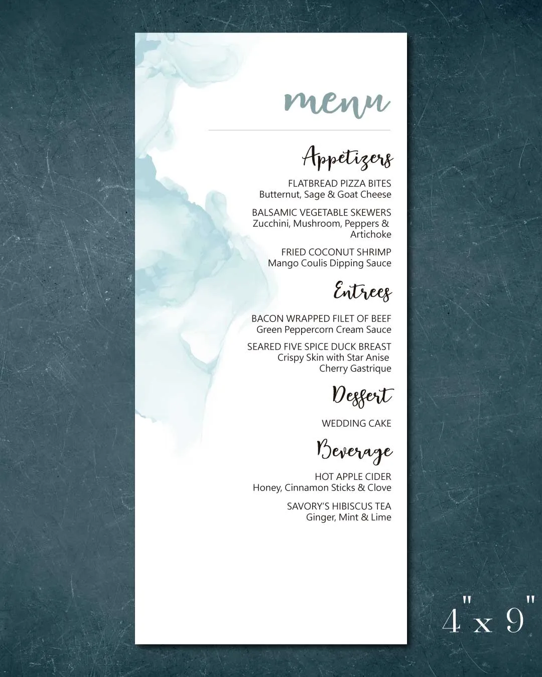 Blue Watercolor Explosion Wedding Menu Cards