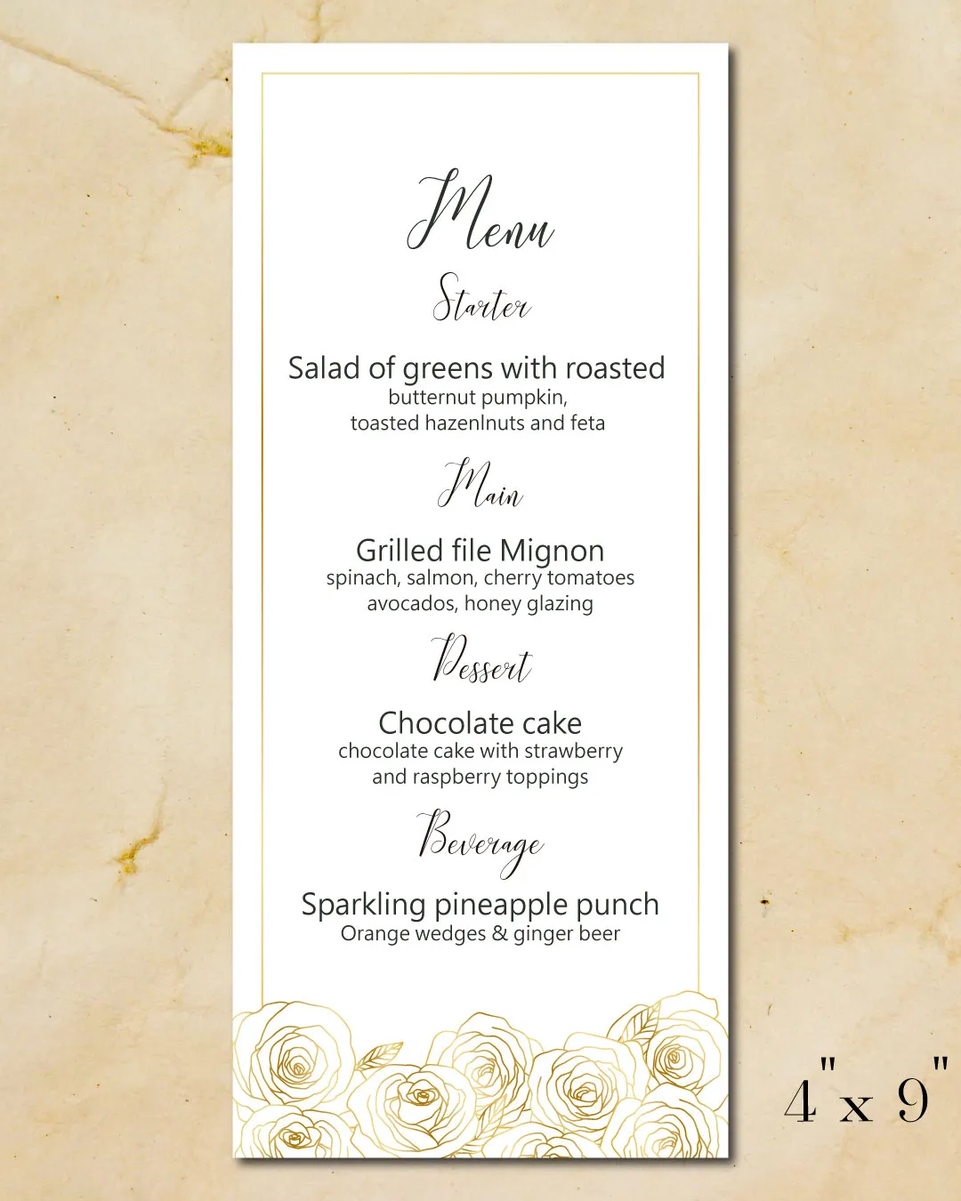 Minimalist Golden Roses Wedding Menu Cards