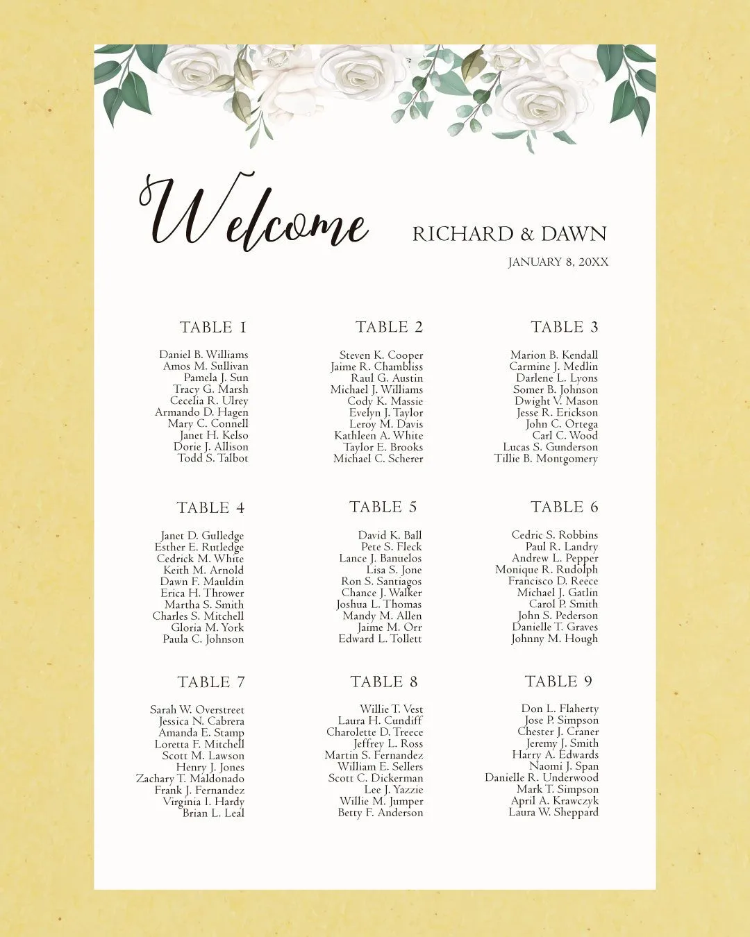 White Flowers and Leaves Seating Charts