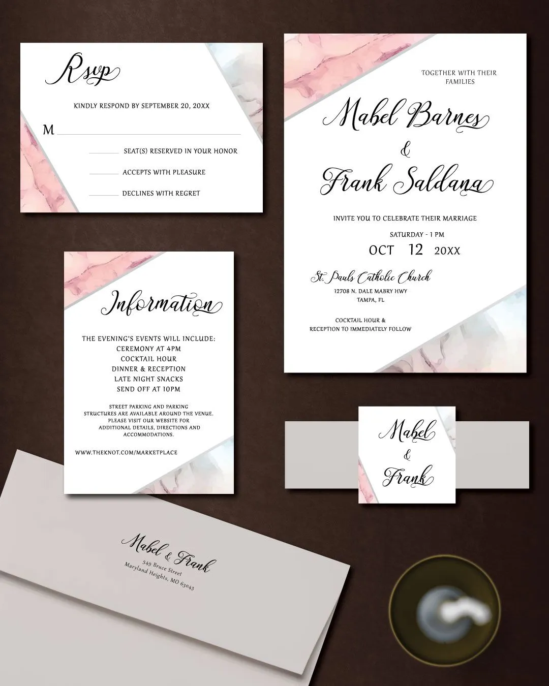 Pink and Gray Marble Simple Flat 5x7 Wedding Invitation