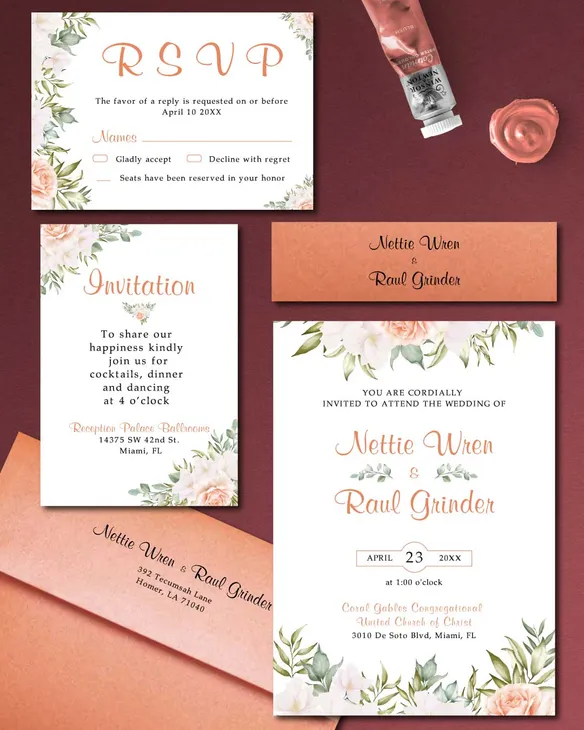 Dusty Roses Delicate Simple Flat 5x7 Wedding Invitation