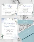 Blue Flowers and Leaves Simple Flat 5x7 Wedding Invitation