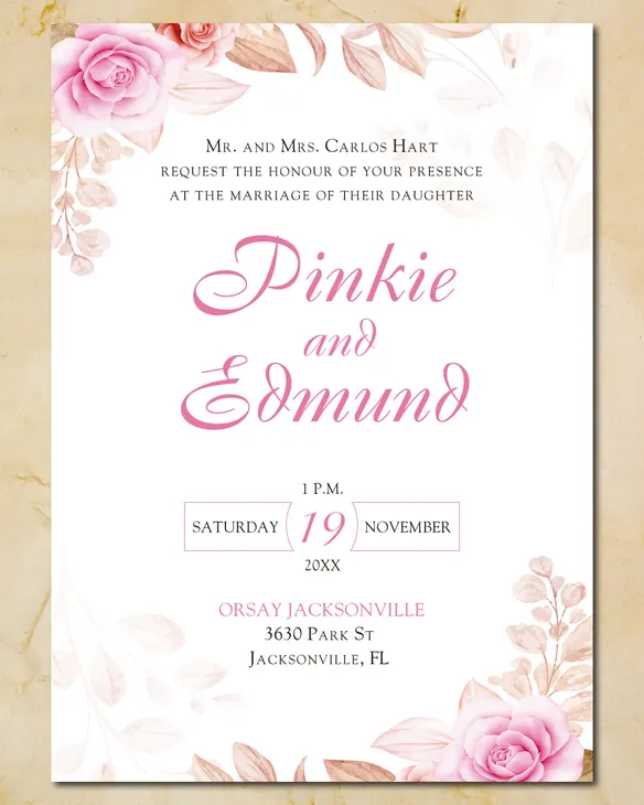 Pink Spring Flowers Simple Flat 5x7 Wedding Invitation