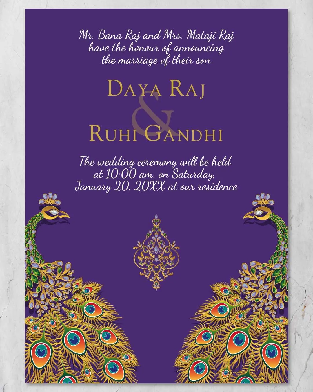 Golden Peacocks Luxurious Indian Wedding Invitation