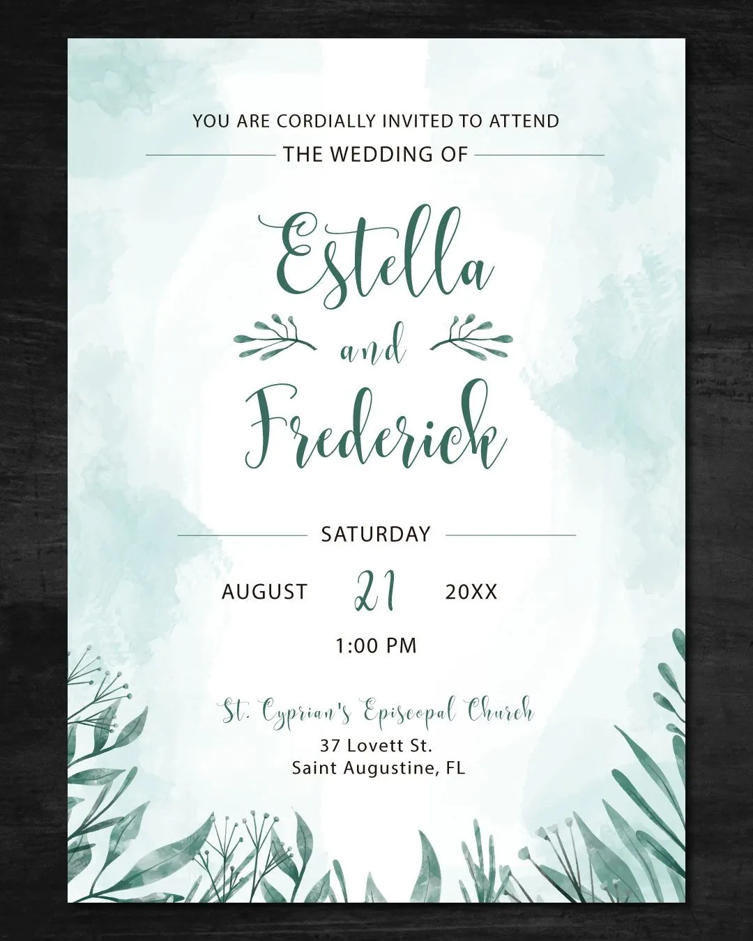 Teal Watercolor Simple Flat 5x7 Wedding Invitation