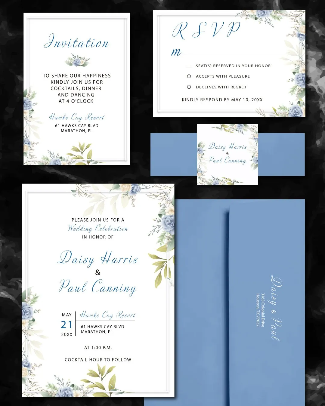 Blue Flowers Simple Flat 5x7 Wedding Invitation