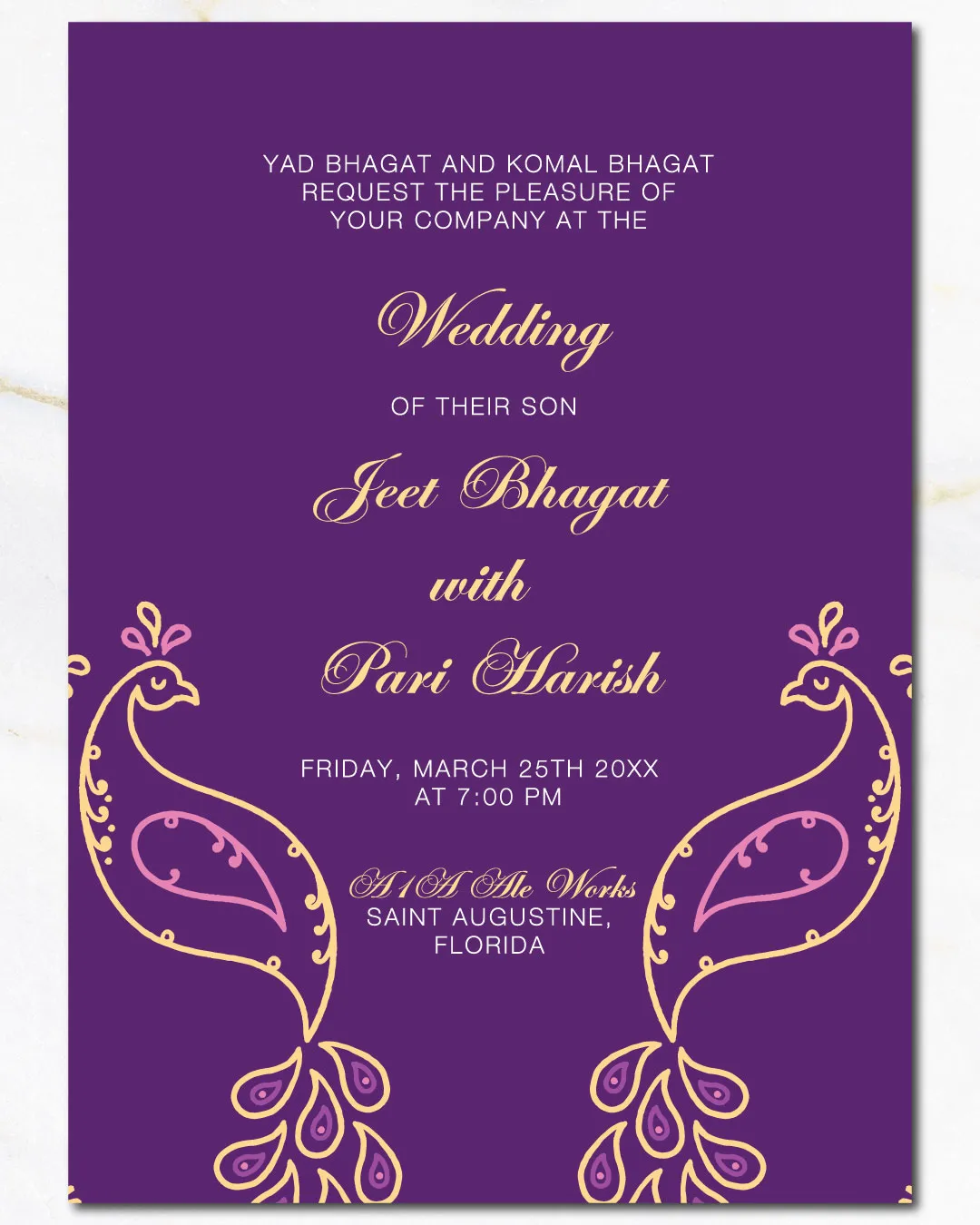 Purple Peacock Silhouettes Indian Wedding Invitation