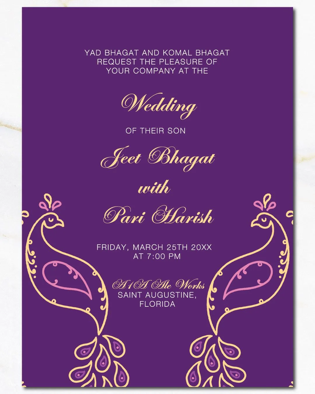 Purple Peacock Silhouettes Indian Wedding Invitation