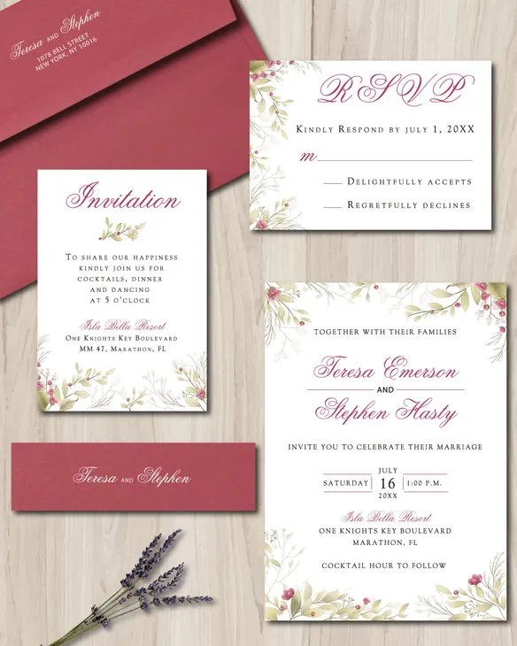 Burgundy Leaves Simple Flat 5x7 Wedding Invitation