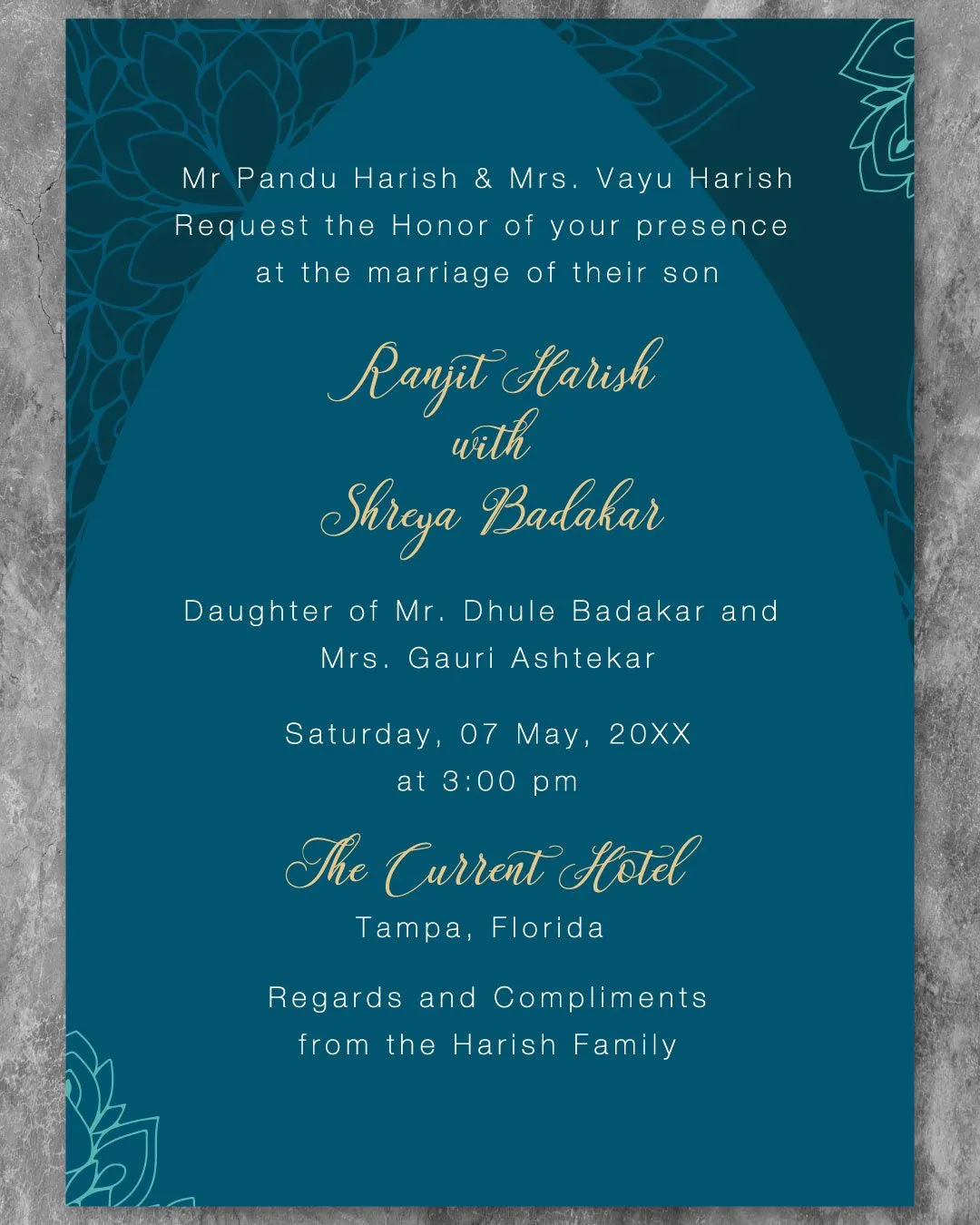 Dark Teal Blooming Indian Wedding Invitation