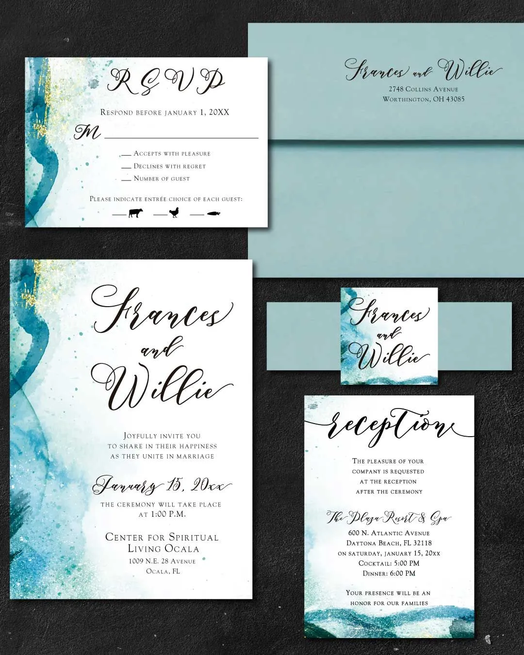 Sparkling Blue Watercolor Simple Flat 5x7 Wedding Invitation