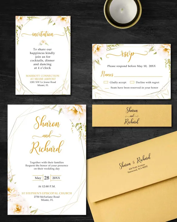Botanical Yellow Flowers Simple Flat 5x7 Wedding Invitation
