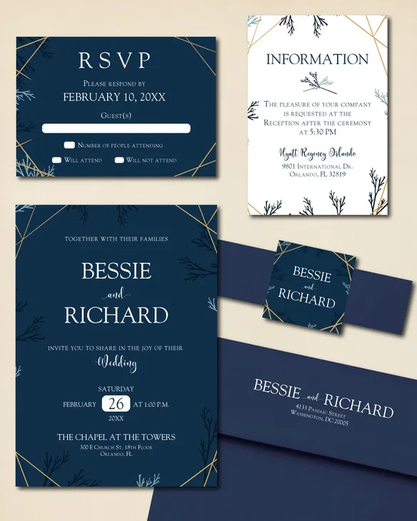 Golden Frame and Leaves Simple Flat 5x7 Wedding Invitation