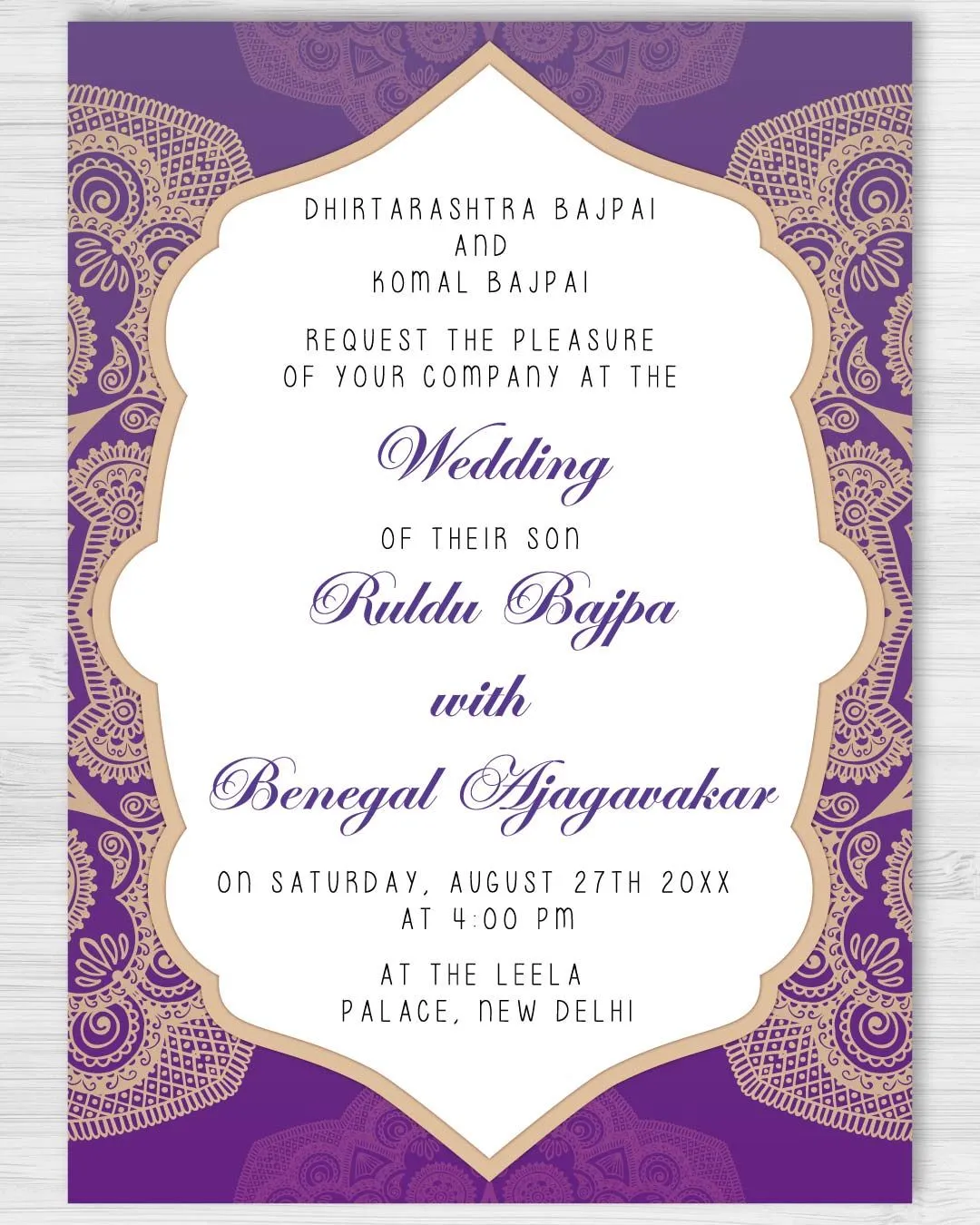 Purple and Golden Indian Wedding Invitation