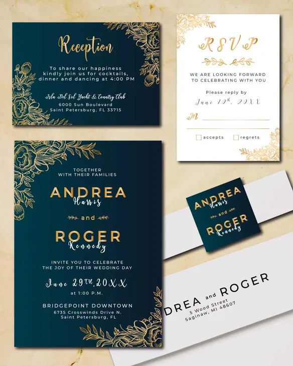 Golden Corner Flowers Simple Flat 5x7 Wedding Invitation