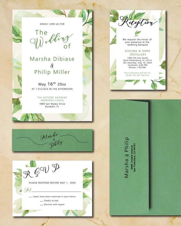 Rustic Green Leaves Simple Flat 5x7 Wedding Invitation