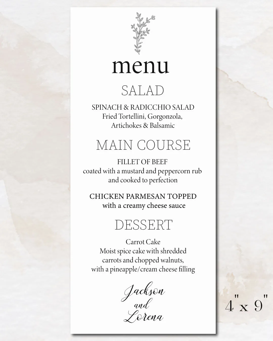 Ferns Simple Black Wedding Menu Cards
