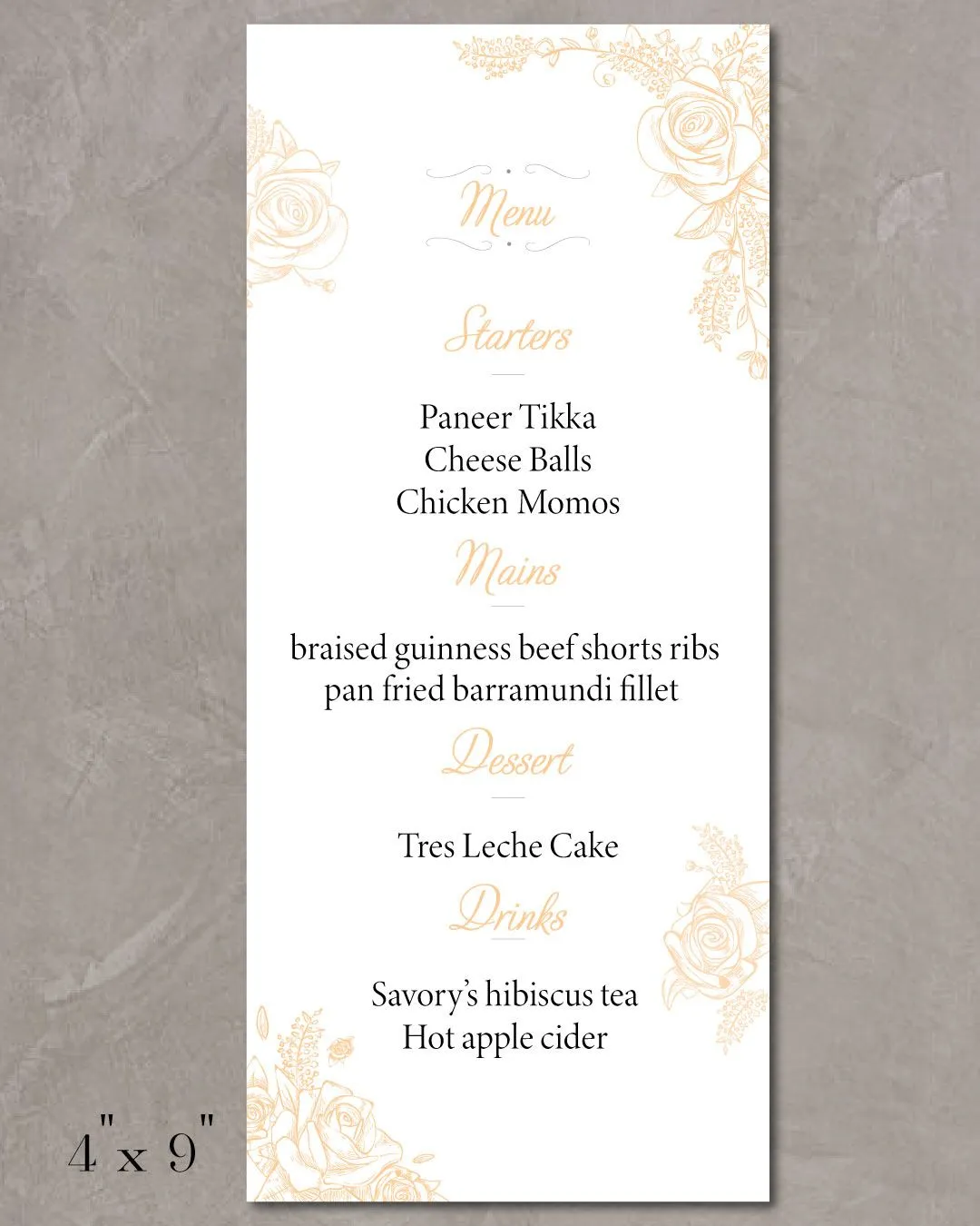 Expressive Orange Roses Wedding Menu Cards