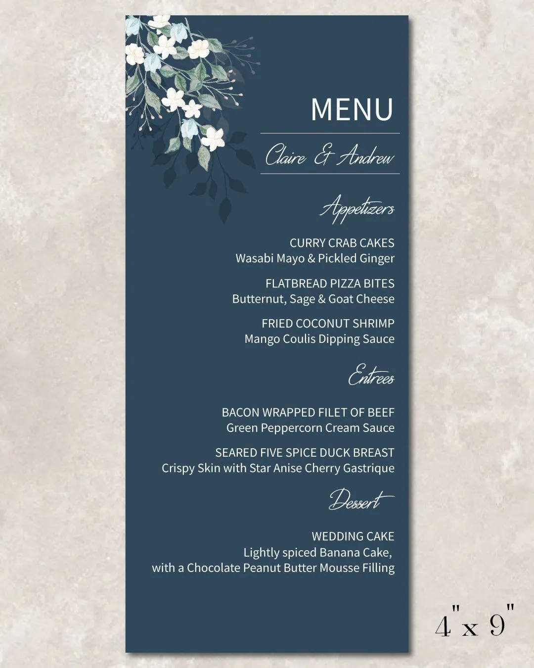 Midnight Garden Wedding Menu Cards