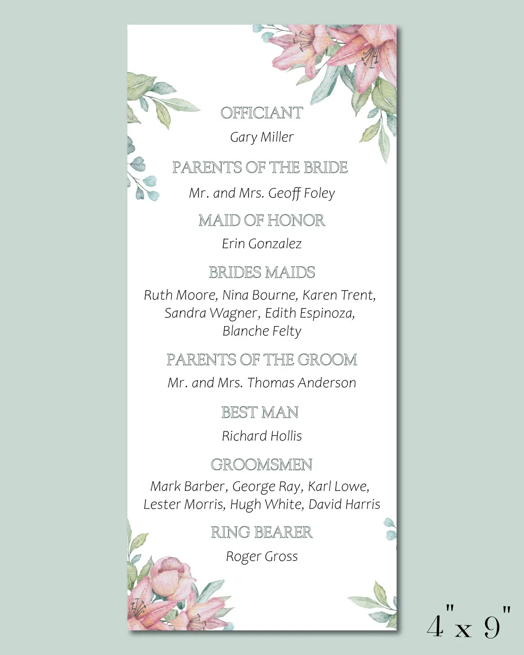 Flower Charm Wedding Program Cards