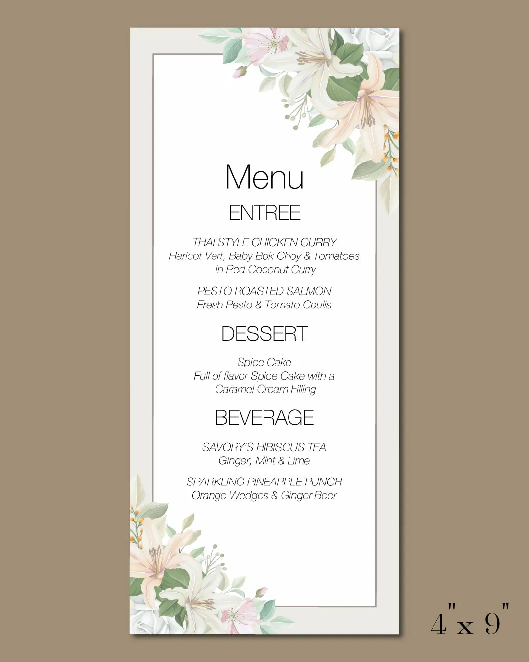 Flames in Flower Wedding Menu Cards